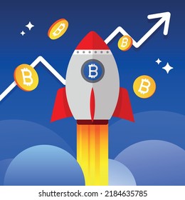 ฺ Bitcoin Spaceship Rocket to the Moon, Kryptowährungshandel, Investitionen, Flache Vektorgrafik