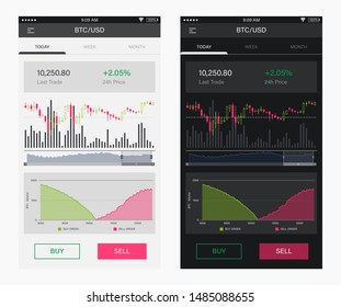 Bitcoin BTC Stock exchange Mobile UI Design Concept. Trendy Mobile UX. Cryptocurrency Technology. Bitcoin Exchange. Financial analytics. Trading Business Application Template. Vector EPS 10