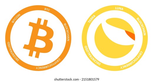 Bitcoin BTC and Terra LUNA crypto logos. Cryptocurrency symbol set vector illustration template