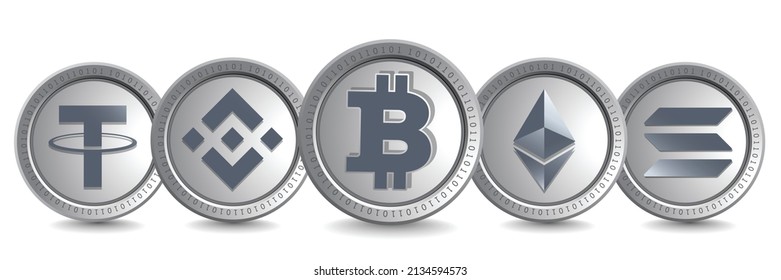 Bitcoin (BTC), Tether (USDT), Ethereum (ETH), Binance Coin (BNB), and Solana (SOL) cryptocurrency logo symbols. Isolated Crypto silver coins metallic vector template. 