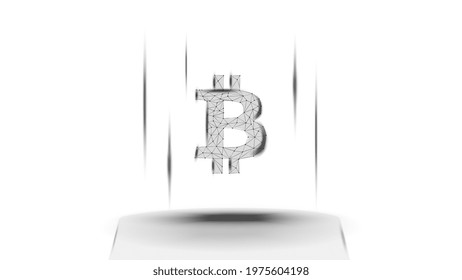 Bitcoin BTC token symbol above the pedestal on white background. Cryptocurrency logo icon. Vector illustration for website or banner.