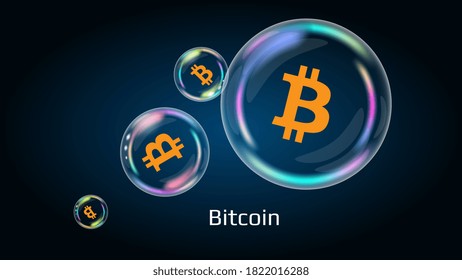 Símbolo BTC de Bitcoin en burbuja de jabón. La pirámide financiera estallará pronto y se destruirá. EPS10 vectores.
