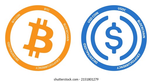 Bitcoin BTC and USD Coin USDC crypto logos. Cryptocurrency symbol set vector illustration template
