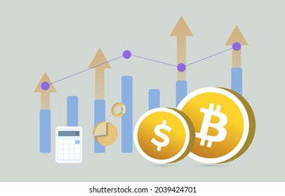 Bitcoin BTC and USD Currency money business concept. All time high bitcoin cryptocurrency revenue and fiat coins, calculator and income graph on the background. Btc-Usd Coin exchange illustration.