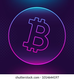 Bitcoin Btc vector outline icon. Cryptocurrency, e-currency payment crypto currency, blockchain button. Trendy Bright lighting logo adaptation design web site mobile app, EPS. Ultra violet background