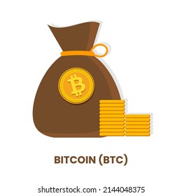 Bitcoin BTC Wallet bag with stacks of golden crypto coin vector illustration. Flat cryptocurrency isolated in white background. Can be used as icons, badges, stickers, posters, flyers and web template