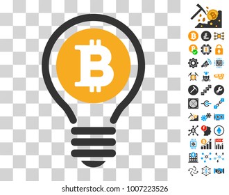Bitcoin Bulb icon with bonus bitcoin mining and blockchain graphic icons. Vector illustration style is flat iconic symbols. Designed for bitcoin websites.