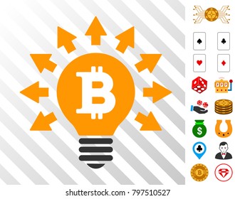 Bitcoin Bulb Rays icon with bonus casino pictographs. Vector illustration style is flat iconic symbols. Designed for gambling ui.