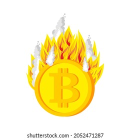 Bitcoin burning coins. Burning tokens. Cryptocurrency on fire.