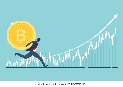 Bitcoin Business - Geschäftsmann trägt Bitcoin vor steigendem Diagramm. Akkumulation und Kauf von Kryptowährung Konzept. Internationale Börse. Bitcoin-Aufwärtstrend. Vektordesign.