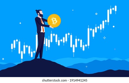 Bitcoin business - Businessman holding bitcoin in front of rising chart. Accumulation and buying crypto currency concept. Vector illustration.