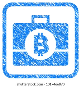Bitcoin Business Case rubber seal stamp imitation. Icon vector symbol with grunge design and corrosion texture inside rounded square frame. Scratched blue stamp imitation on a white background.