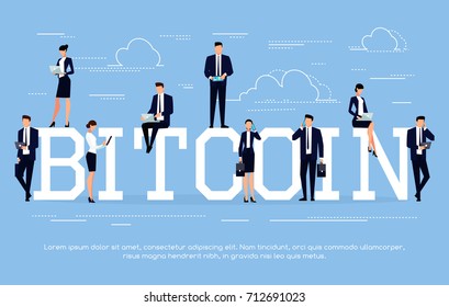 Bitcoin. Business-Konzept in einem flachen Stil mit Geschäftsleuten, die Smartphones und Laptops benutzen. Vektorgrafik.
