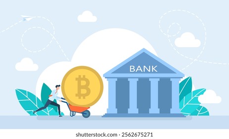 Bitcoin and business concept. Virtual currency, digital banking. Investment in cryptocurrency. Bank building, bank financing, money exchange, saving or accumulating money. Vector illustration