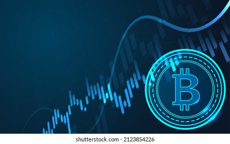 Bitcoin business stock growth. chart shows a strong increase in the price of bitcoin. Investing in virtual assets. Investment platform with charts and bitcoin coin. vector design.