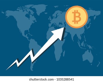Bitcoin Business,Arrows soar on background map world.vector Illustrator