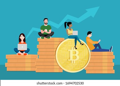 Bitcoin buying, selling concept. Young people using laptop and smartphone for online funding and making investments for bitcoin and blockchain. Eps vector illustration. Flat design of new technology