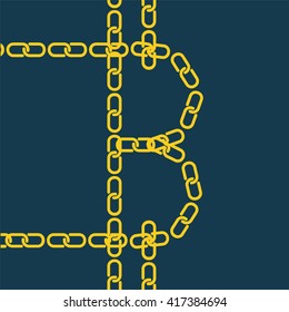 Bitcoin by gold chain. Vector illustration of blockchain technology for virtual money, secure digital business, cryptography.