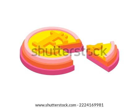 Bitcoin cake and piece of pie. concept of cutting off part of cryptocurrency