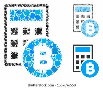 Bitcoin calculator composition of abrupt items in variable sizes and color tints, based on Bitcoin calculator icon. Vector abrupt items are united into composition.