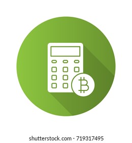 Bitcoin calculator flat design long shadow glyph icon. Cryptocurrency. Accounting. Vector silhouette illustration