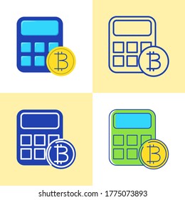 Bitcoin calculator icon set in flat and line style. Cryptocurrency counting symbol. Vector illustration.