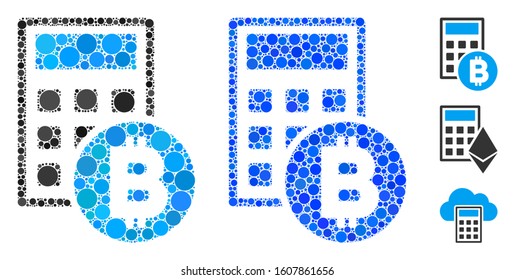 Bitcoin calculator mosaic of spheric dots in various sizes and color hues, based on Bitcoin calculator icon. Vector dots are organized into blue mosaic.