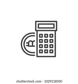 Bitcoin and calculator outline icon. linear style sign for mobile concept and web design. Cryptocurrency accounting simple line vector icon. Symbol, logo illustration. Pixel perfect vector graphics