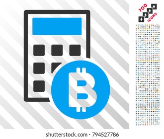 Bitcoin Calculator pictograph with 7 hundred bonus bitcoin mining and blockchain images. Vector illustration style is flat iconic symbols design for bitcoin websites.