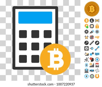 Bitcoin Calculator pictograph with bonus bitcoin mining and blockchain graphic icons. Vector illustration style is flat iconic symbols. Designed for crypto-currency apps.