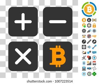 Bitcoin Calculator pictograph with bonus bitcoin mining and blockchain icons. Vector illustration style is flat iconic symbols. Designed for cryptocurrency websites.