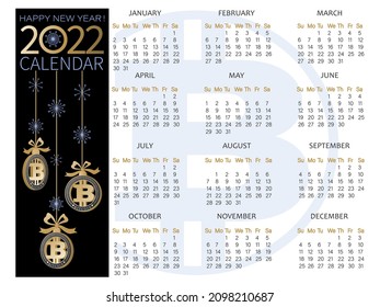 Bitcoin calendar 2022. Christmas garland. Vector template design with week start on Sunday. Concept