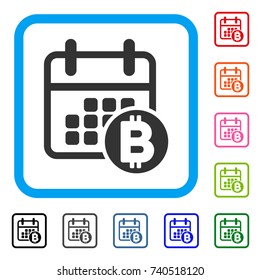 Bitcoin Calendar icon. Flat gray pictogram symbol in a light blue rounded rectangle. Black, gray, green, blue, red, orange color additional versions of Bitcoin Calendar vector.