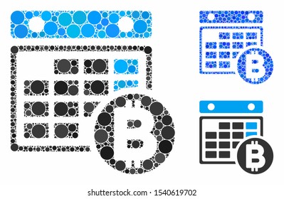 Bitcoin calendar mosaic of circle elements in different sizes and color tints, based on Bitcoin calendar icon. Vector circle elements are organized into blue illustration.