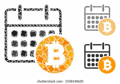 Bitcoin calendar mosaic of rugged elements in variable sizes and color tints, based on Bitcoin calendar icon. Vector rugged parts are united into mosaic.