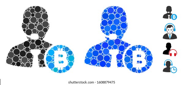 Bitcoin call operator mosaic of round dots in variable sizes and color tints, based on Bitcoin call operator icon. Vector round dots are united into blue composition.