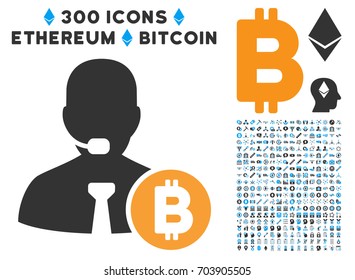 Bitcoin Call Operator pictograph with 300 blockchain, bitcoin, ethereum, smart contract images. Vector clip art style is flat iconic symbols.