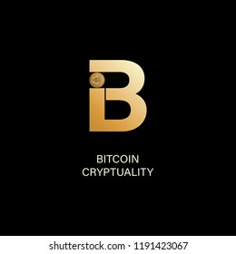 Bitcoin. Capital letter B and symbol of a physical coin. Gold sign of crypto currency on a dark background. Cryptography, illustration of financial technologies. Use for logos, print products.