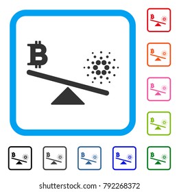 Bitcoin Cardano Balance Swings icon. Flat grey iconic symbol inside a blue rounded rectangle. Black, gray, green, blue, red, pink color additional versions of bitcoin cardano balance swings vector.