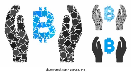 Bitcoin care hands composition of ragged pieces in different sizes and color tinges, based on Bitcoin care hands icon. Vector raggy pieces are composed into composition.