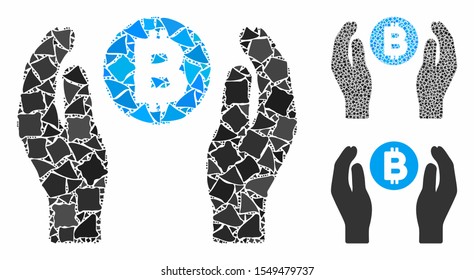 Bitcoin care hands composition of trembly pieces in various sizes and color hues, based on Bitcoin care hands icon. Vector trembly parts are grouped into collage.
