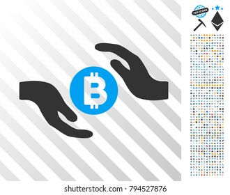 Bitcoin Care Hands icon with 700 bonus bitcoin mining and blockchain pictures. Vector illustration style is flat iconic symbols design for crypto currency software.