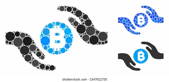 Bitcoin care hands mosaic of filled circles in variable sizes and color tinges, based on Bitcoin care hands icon. Vector filled circles are composed into blue collage.