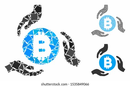 Bitcoin care hands mosaic of inequal pieces in variable sizes and color hues, based on Bitcoin care hands icon. Vector abrupt pieces are combined into collage.