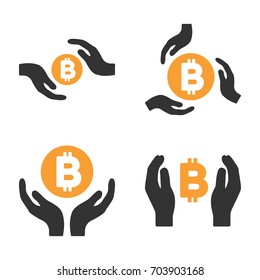Bitcoin Care Hands vector icon set. Style is bicolor flat symbols.
