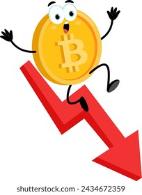 El Carácter De Dibujos Animados De Bitcoin Baja Con La Flecha De Estadísticas. Diseño Plano De Ilustración Vectorial Aislado Sobre Fondo Transparente