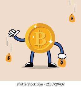 Ilustración de vectores gráficos de caracteres de bitcoin con lluvia de dinero