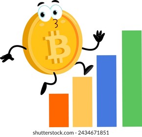 Bitcoin Cartoon Character Running Over Growth Bar Graph. Vector Illustration Flat Design Isolated On Transparent Background