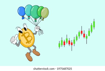Bitcoin cartoon characters float with balloons like a gradual increase in price, cryptocurrency Price fluctuation concept, illustration design vector financial.