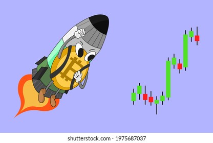 Bitcoin cartoon characters soar on rockets like an instant spike in price, cryptocurrency Price fluctuation concept, illustration design vector financial.